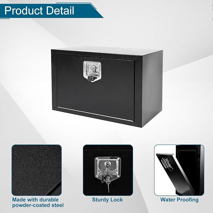 24"X14"X16" Underbody Steel Utility Truck Tool Box Chest With Lock and Keys，Heavy Duty Trailer Toolbox for Pick Up Truck RV Trailer, Black Storage Organizer Box