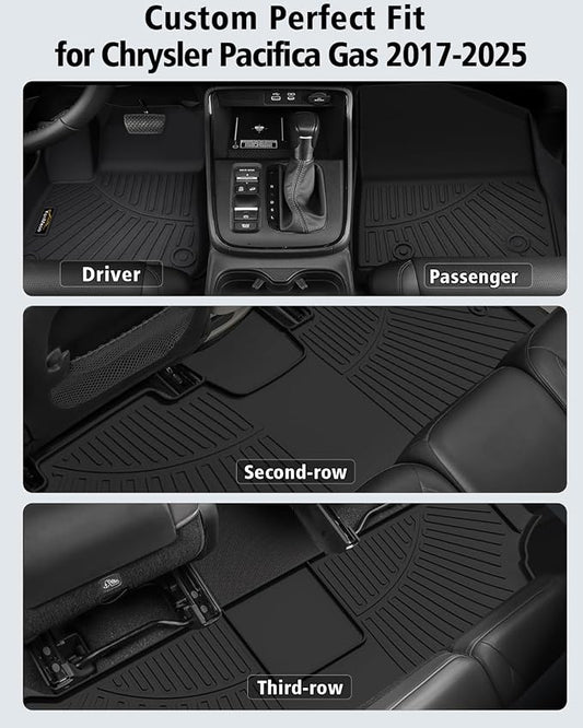 Floor Mats & Cargo Liner for Chrysler Pacifica 2017-2025 2026 Gas 7-Seater Touring (Non Hybrid&Non Pinnacle) All Weather TPE Rubber Trunk Mat Automotive Floor Liners for Pacifica Fuel 2025 Accessories