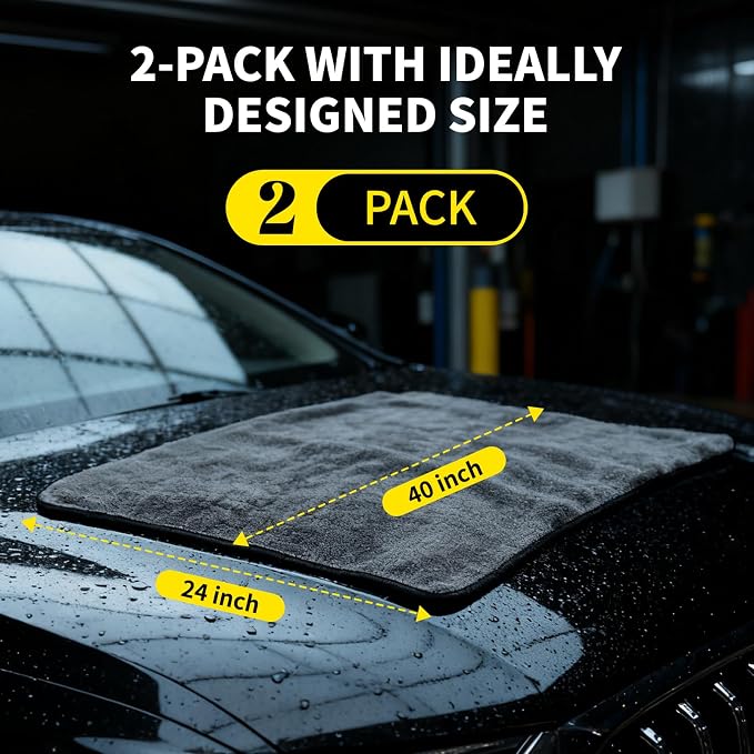 2-Pack Car Drying Towel 24"x40" - 10"x12" Detailing Pros & Home Users - 1300 GSM Microfiber Towels Absorbs Over 11lbs of Water Leaves No Streaks, Spots or Scratches Dries an Entire Vehicle