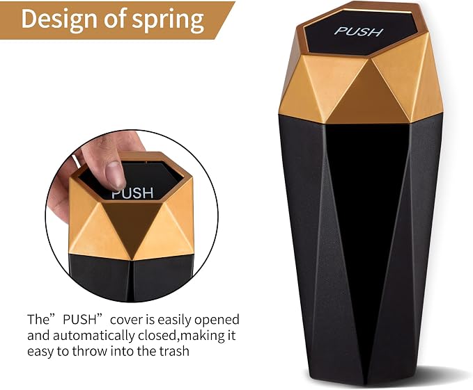 JUSTTOP Car Trash Can with Lid, Mini Diamond Design Portable Trash Can, Plastic Material and Multipurpose Organizers for Car,Home,Office(Gold)