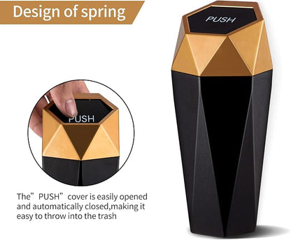 JUSTTOP Car Trash Can with Lid, Mini Diamond Design Portable Trash Can, Plastic Material and Multipurpose Organizers for Car,Home,Office(Gold)