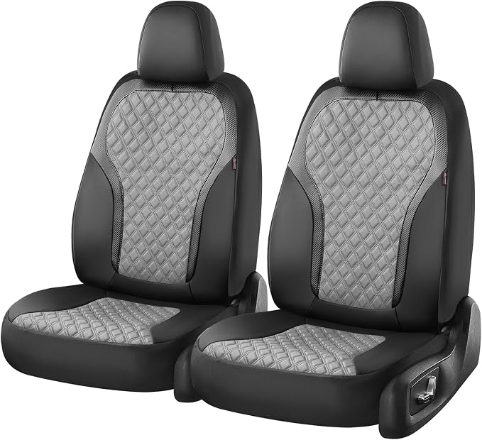 Coverado Car Seat Covers for Front Seats, Luxury Leather Car Seat Cover with Carbon Fiber Weave, Waterproof Automotive Seat Protectors 2-Pack, Driver Seat Covers Universal Fit Most Cars, Black&Gray