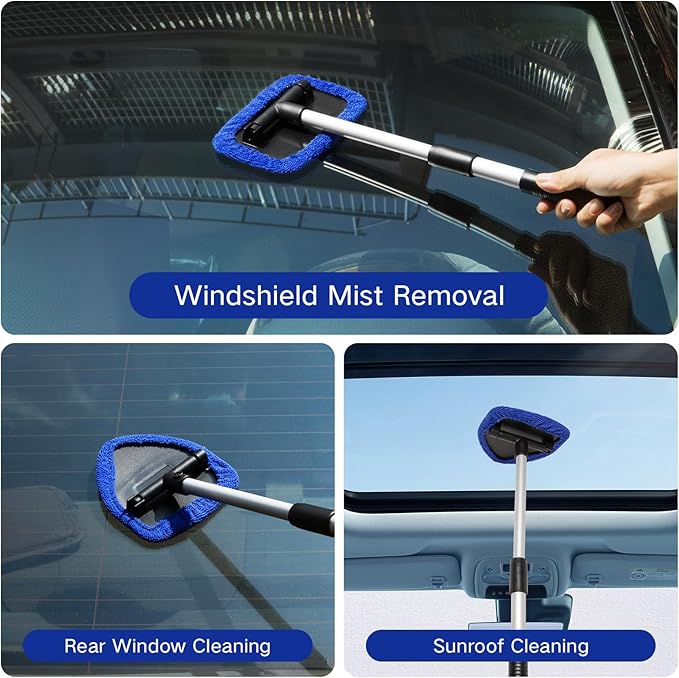 Qydipclin 7pcs Windshield Cleaner Tool Car Window Cleaning Wash Kit with 4 Reusable Microfiber Pads 1 Spray Bottle and Extendable Handle Auto Glass Wiper Kit, Blue