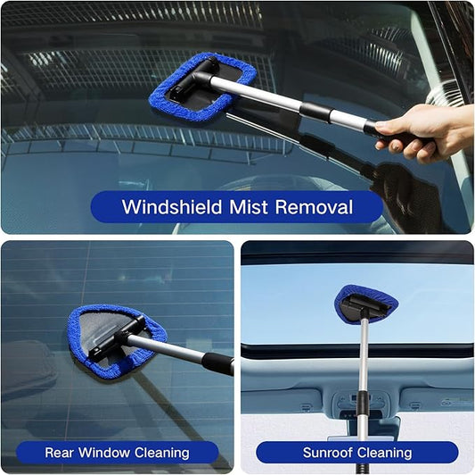 Qydipclin 10pcs Windshield Cleaning Tool Inside Car Window Cleaner Wash Kit with 4 Reusable Microfiber Pads 1 Spray Bottle and Extendable Handle Interior Auto Glass Wiper Kit, Blue