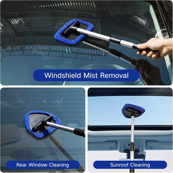 Qydipclin 11pcs Windshield Cleaner Tool, Car Window Cleaning Wash Kit with 6 Reusable Microfiber Pads 2 Spray Bottles and Extendable Handles Auto Glass Wiper Kit, Blue