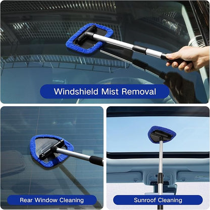 Qydipclin 11pcs Windshield Cleaner Tool, Car Window Cleaning Wash Kit with 6 Reusable Microfiber Pads 2 Spray Bottles and Extendable Handles Auto Glass Wiper Kit, Blue