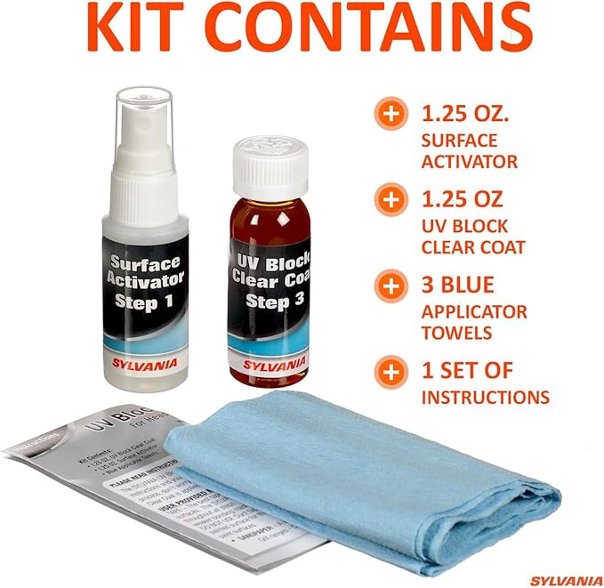 SYLVANIA UV Block Clear Coat Kit - Premium UV Headlight Protection for Vehicles - Includes Surface Activator, Protective Clear Coat & Applicator Towels - Long-Lasting - Restores to Like-New Condition