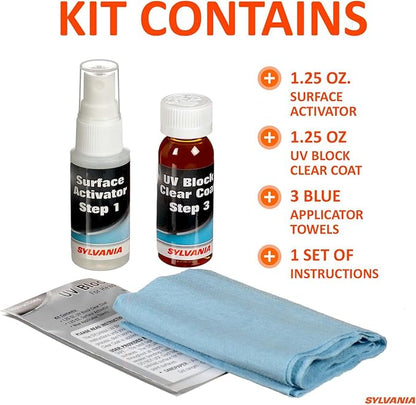 SYLVANIA UV Block Clear Coat Kit - Premium UV Headlight Protection for Vehicles - Includes Surface Activator, Protective Clear Coat & Applicator Towels - Long-Lasting - Restores to Like-New Condition