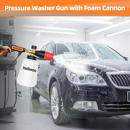 Short Pressure Washer Gun with Foam Cannon 5000 PSI, 1/4 Inch Quick Connector, with 5 Pressure Washer Nozzle Tips, 1 Liter