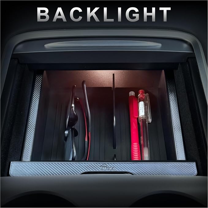JVMA Backlight Center Console Organizer Tray Slide Transparent PC Upgrade | for Tesla Model Y 2021-2024 and Tesla Model 3 2021 2022 2023 Accessories 3 Carbon Edition