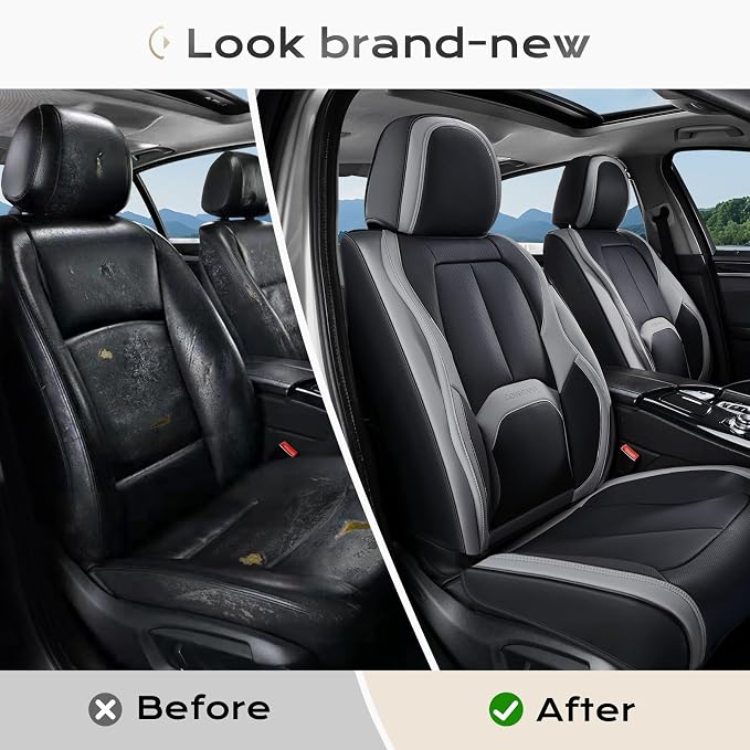Coverado Seat Covers, Premium Nappa Leather Car Seat Covers Front Seats, Waterproof Car Seat Protector with Lumbar Support, Front Driver Seat Covers Universal Fit for Most Cars (Black&Gray)