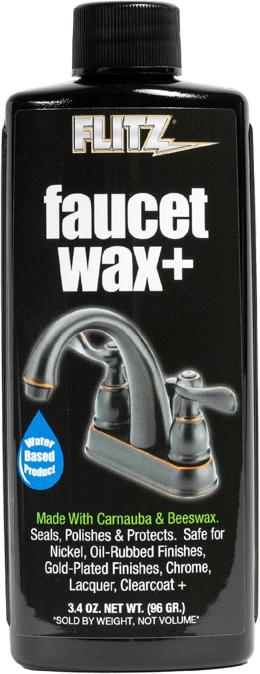 Flitz Faucet Wax Plus - 3.4oz Bottle of USA-Made, Water-Based Faucet Cleaner & Polisher for Water Stains, Fingerprints, & More - Metal Wax for Bronze, Nickel, Chrome, Brass - Granite Polish (1 Pack)