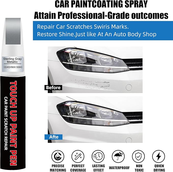 Sterling Gray Metallic(GXD/WA130H) Car Touch Up Paint for Chevy 2-in-1 Car Scratch Repair Pen with Tip&Brush, DIY Color-Code Matched Auto Paint for Rock Chips Door Scratches Paint Nicks Bumper Marks