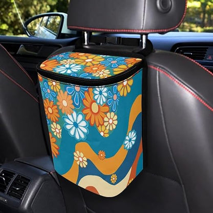 Boho Hippie Flower Swirl Pattern Car Trash Can Leakproof Garbage Bag with Lid and Zipper 1.2Gal Trash Bin Hanging for Back Seat Car Accessories Universal Fit