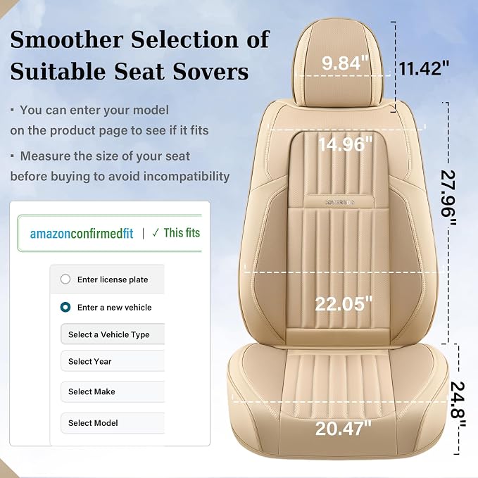 Coverado Front and Back Seat Covers for Cars, Nappa Leather Car Seat Covers, Automotive Seat Covers for Trucks, 5 Seats Waterproof Carseat Protector Car Seat Cover Beige, Universal Fit for Most Cars