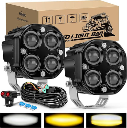 Nilight 7/8" Handlebar Motorcycle LED Driving Light Pod 2PCS 3 Inch 40W White Amber Dual Color Spot Beam Fog Auxiliary Offroad Lighting with 16AWG Wiring Harness for 12V Motorbike Dirt Bike e-Bike