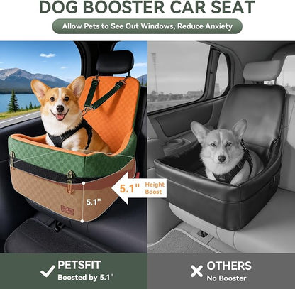 PETSFIT Dog Car Seat for Small/Medium Dogs Up to 35 lbs – Patented Safety System, 5" Memory Foam Pet Car Seat, Fully Detachable and Washable Cover, Front/Back Seat Travel Booster (Green & Orange)