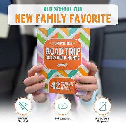 Scratch 'Ems Road Trip Scavenger Hunt Cards with 42 Reusable Scratch Off Travel Games for Kids & Families, Road Trip Essentials for Screen-Free Car Adventures