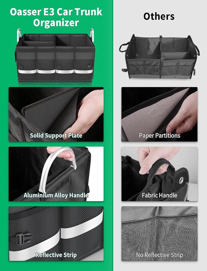 Oasser Trunk Organizer, Large, Black | Waterproof, Collapsible, Foldable Hard Cover, Aluminium Alloy Handle, Reflective Strip