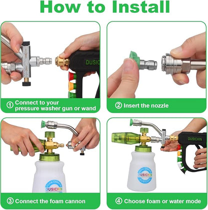 DUSICHIN Pressure Washer Gun Foam Cannon Dual Connector Shift Valve, Car Wash Foam Cannon Kit 1/4 Inch Quick Connector 5 Pressure Washer Nozzle Tips Build-in Design Work with A Pressure Washer DUS2703
