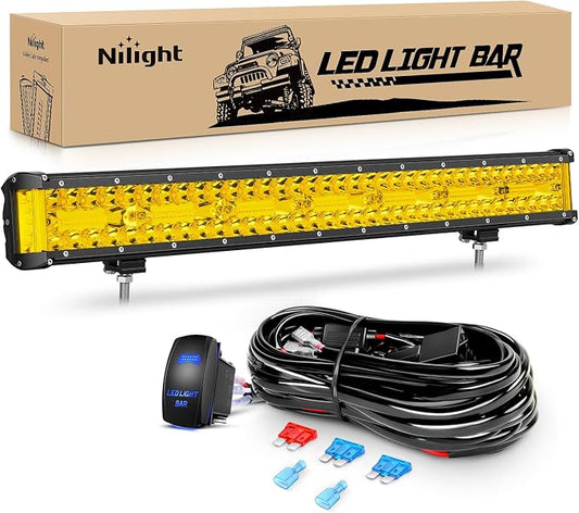 Nilight Side Shooter LED Light Bar 20 Inch Triple Row Spot Flood Combo Yellow Beam Lighting with 5Pin Rocker Switch Wiring Harness Kit for Off-Road Light on Truck SUV ATV UTV