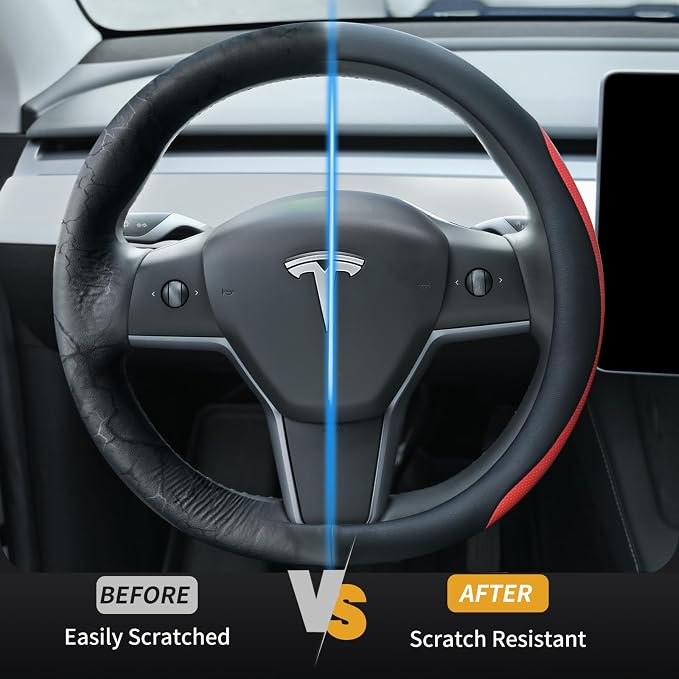 Uxcer Nappa Leather Steering Wheel Cover for Tesla Model 3/Y 2016-2025 2026 Juniper/Highland, Non-Slip Breathable Tesla Model 3/Y Steering Wheel Protector, Red