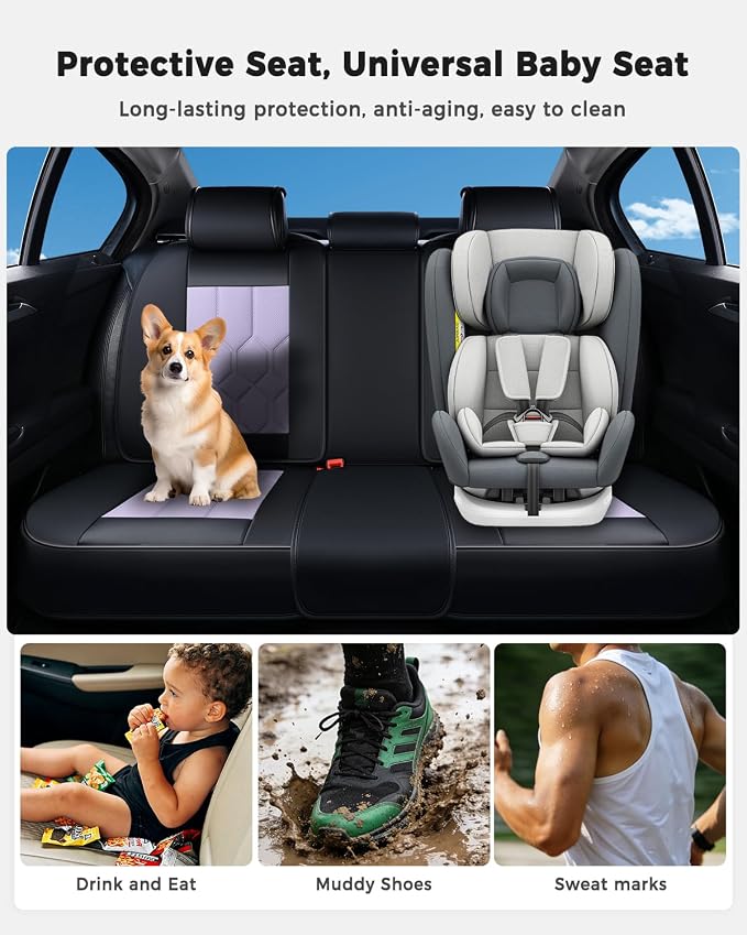 Huidasource Seat Covers Full Set, Universal Fit for Most Cars SUVs Trucks, Full Coverage Leather Seat Cover, Airbag, Cupholder Compatible, Seat Function Retain, Easy Install with Velcro, Black&Purple