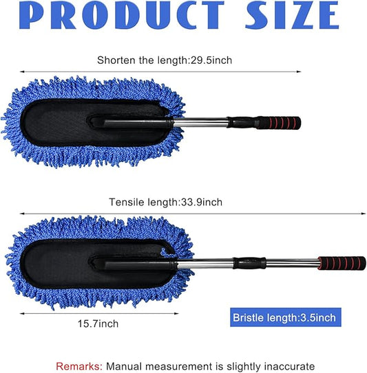 2 PCS Microfiber Car Duster, Scratch Free Auto Exterior Interior Large Dusting Cleaning Brush, Multipurpose Vehicle Dust Cleaner with Extendable Handle, Car Accessories (Blue)