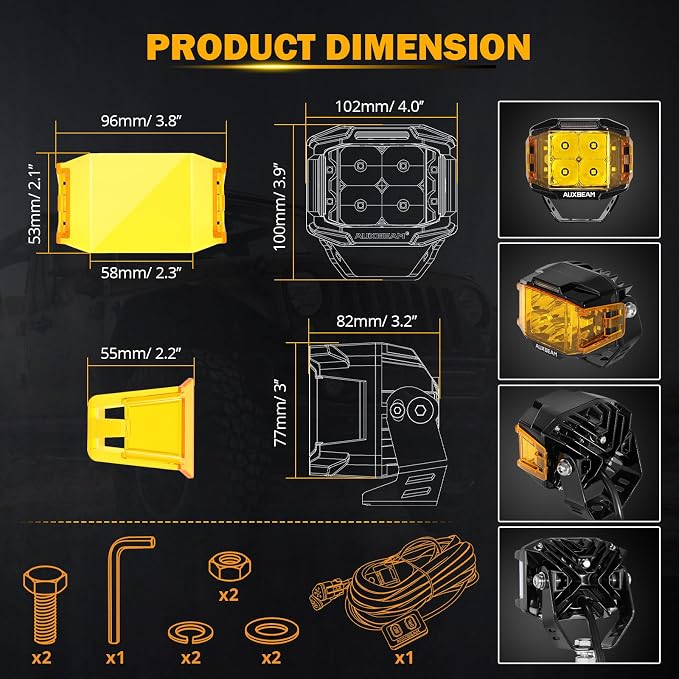 Auxbeam 4" 92W Cube LED Pod with Amber DRL, V-MAX Series Offroad Pod Lights with Side Shooter & Amber Covers, Offroad LED Cube Offroad Square Light 270°Combo Beam Auxiliary Light for Truck Jeep ATV