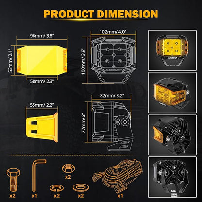 Auxbeam 4" 92W Cube LED Pod with Amber DRL, V-MAX Series Offroad Pod Lights with Side Shooter & Amber Covers, Offroad LED Cube Offroad Square Light 270°Combo Beam Auxiliary Light for Truck Jeep ATV