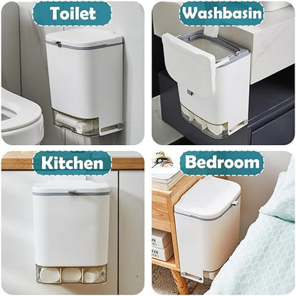 2.4 Gallon Compost Bin Hanging Trash Can with Lid Garbage Can Wall Mounted Trash Can with 3 Pack Disposable Bag for Kitchen,Cupboard, Bathroom, Under Sink,Counter Top (White)