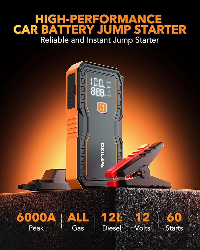OXILAM Jump Starter 6000A for All Gas/12L Diesel, Car Battery Jumper Starter Portable, 12V Lithium Jump Box with Jumper Cables, LED Display, LED Light, Power Bank with USB, Type C Port