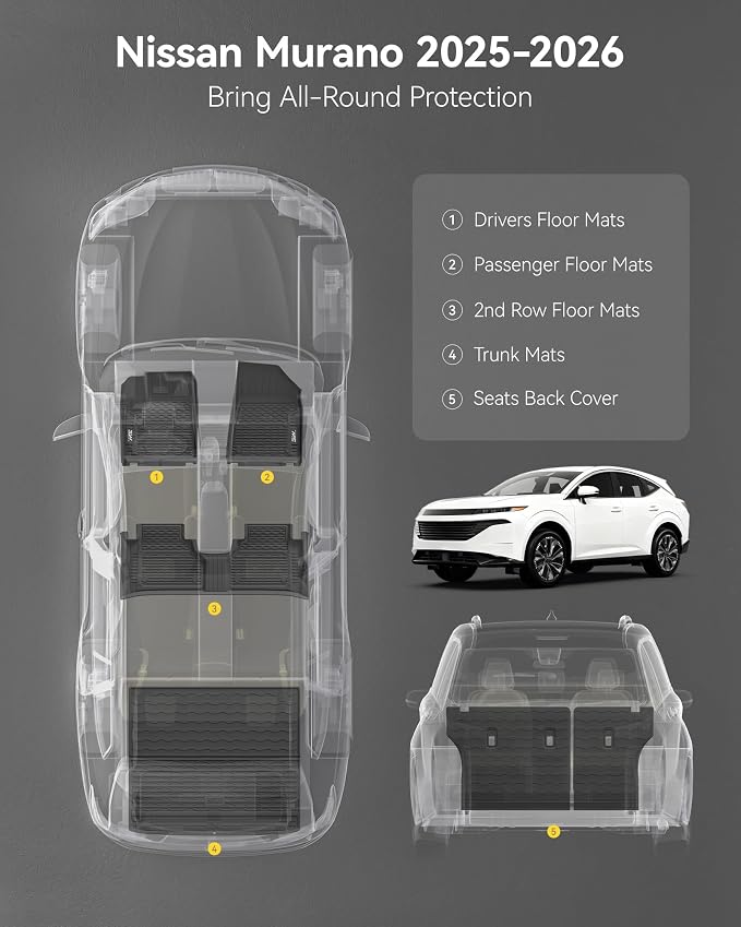 3W Floor Mats & Cargo Liner & Seatback Mats Fit Nissan Murano 2025 2026, Custom Fit All Weather TPE Full Set for Murano, 1st & 2nd Row Floor Mats with Trunk Mats and Seatback Mats, Black
