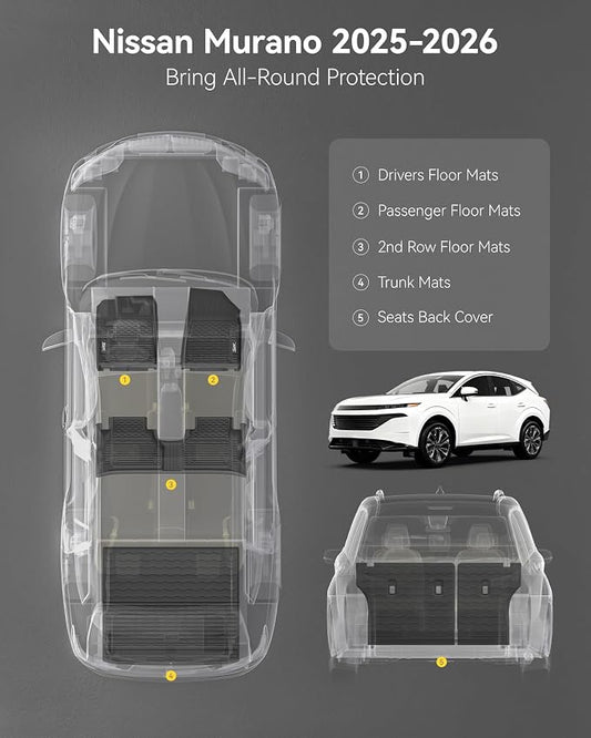3W Floor Mats & Cargo Liner & Seatback Mats Fit Nissan Murano 2025 2026, Custom Fit All Weather TPE Full Set for Murano, 1st & 2nd Row Floor Mats with Trunk Mats and Seatback Mats, Black
