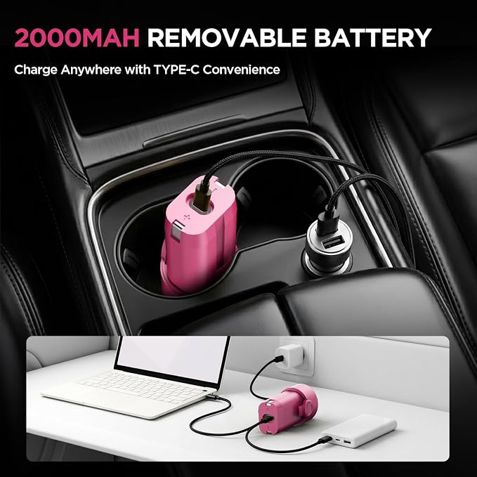 Handheld Car Vacuum Cleaner, 4-in-1 Cordless Rechargeable Mini Vacuum with Air Duster – Quickly Clean Crumbs, Pet Hair & Crevices in Car, Office, Home. Ideal for Commuters & Office Workers (Pink)