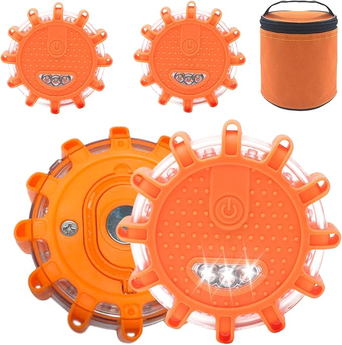 Led Road Flares - Roadside Safety Beacon Disc, Magnetic Road Safety Lights, Flashing Warning Flare Kit with 9 Modes | Waterproof Beacon Disc Pack for Car Vehicles Truck Boats Security