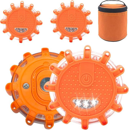 Led Road Flares - Roadside Safety Beacon Disc, Magnetic Road Safety Lights, Flashing Warning Flare Kit with 9 Modes | Waterproof Beacon Disc Pack for Car Vehicles Truck Boats Security