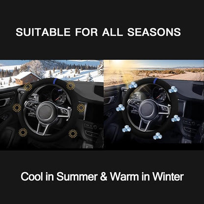 Suede Steering Wheel Cover with Upgraded Silicone Inner Ring, Breathable, Anti-Slip, Leather Universal 14.5 to 15 Inch Steering Wheel Cover (Black with Blue Mark)