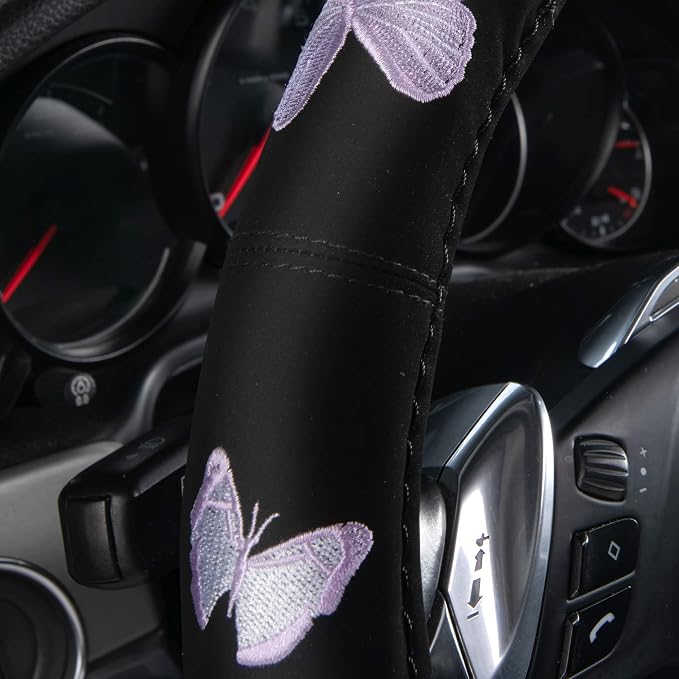 Car Pass Purple Embroidery Butterfly Steering Wheel Cover, Universal 15 Inch Car Wheel Cover for Women Girls, Fit for Suvs,Small Trucks,Sedans,Cars (Black and Purple)