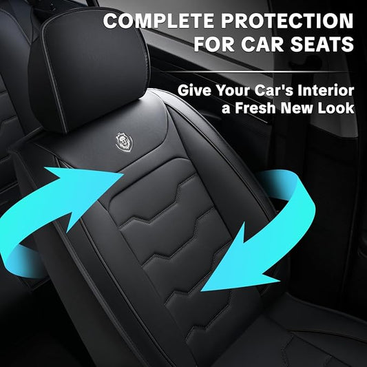 Black Car Seat Covers Complete Set, Universal Car Seat Covers for Cars, Premium Waterproof Leather, Protect & Upgrade Car Interiors, Airbag Compatible, Easy to Install & Clean Up