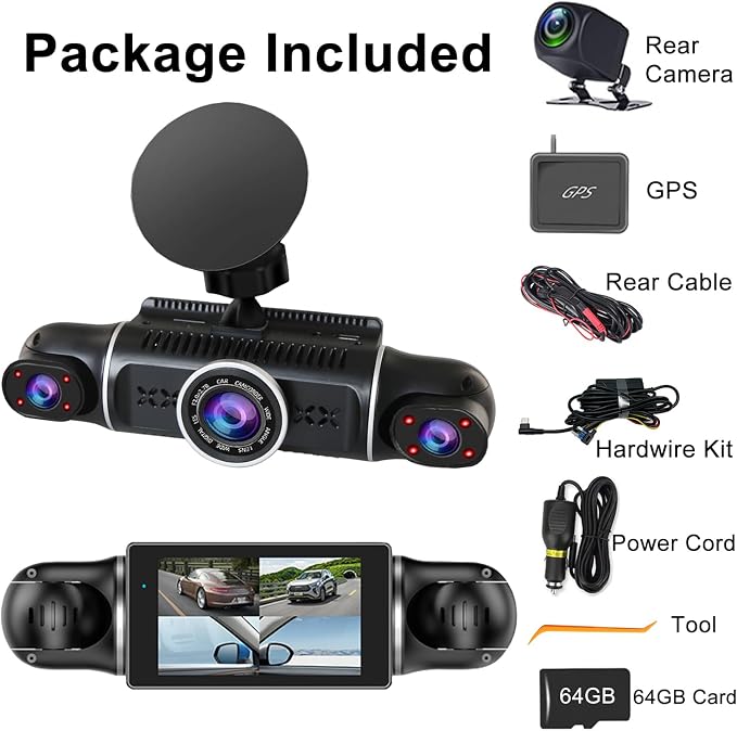4 Channel Dash Cam Front and Rear Inside Back 360° FHD 2K Dash Camera for Cars, WiFi, GPS, G-Sensor, WDR 24/7 Parking Mode, 170° Wide Angle, Loop Recording, Night Vision, APP, with 64GB Card