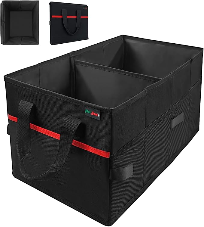 PAT SAM'S Car Trunk Organizer for SUV, Foldable Collapsible Storage Organizer with Dividers, Non-Slip Waterproof 600D Oxford, Backseat & Trunk Storage for Groceries, Tools, Toys (Black)