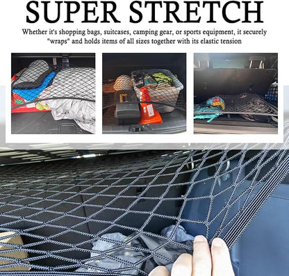 Upgrade Cargo Net for SUV with 4 Hooks,Stretchy 32x23 to 63x47 Elastic Trunk Net for SUV,Essential Automotive Cargo Nets as Trunk Organizer for Securely Fastening Items