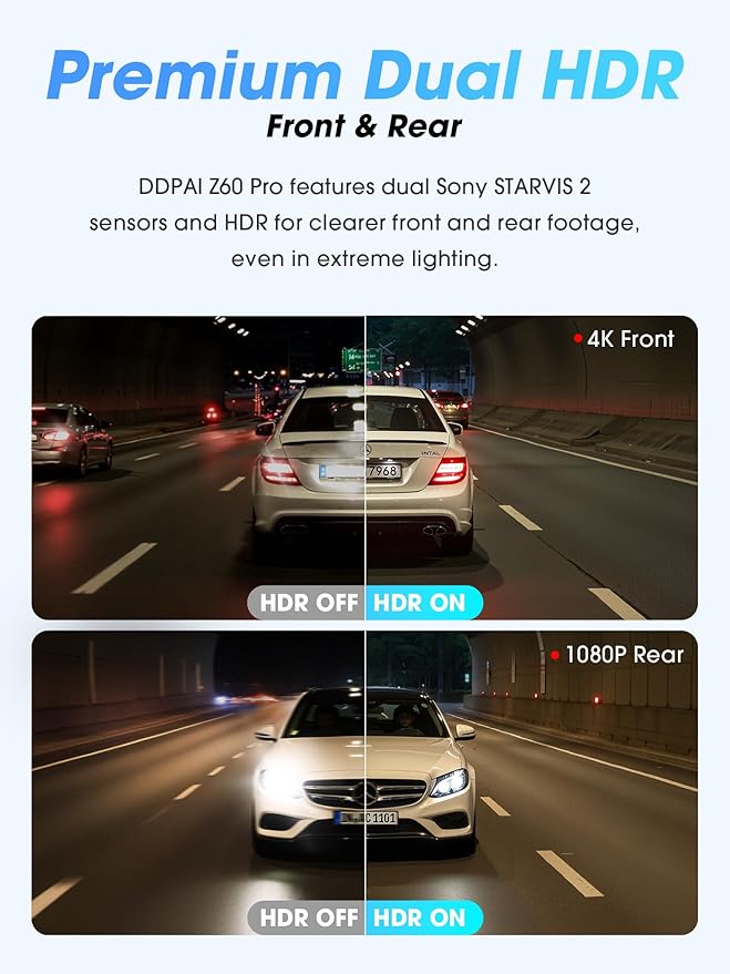 DDPAI 4K Dash Cam Front and Rear, Dual STARVIS 2 IMX678 IMX662 Dashcam,4K+1080P HDR Car Camera With Bulit-in 32G eMMC, 3K/60FPS,4G LTE Support,5G WiFi GPS, 3" IPS,Night Vision,24H Parking Mode,Z60 Pro