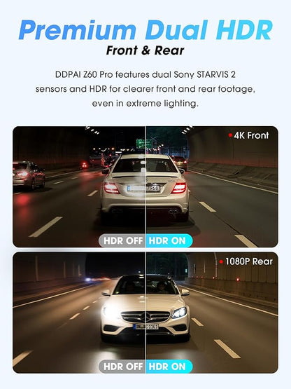DDPAI 4K Dash Cam Front and Rear, Dual STARVIS 2 IMX678 IMX662 Dashcam,4K+1080P HDR Car Camera With Bulit-in 32G eMMC, 3K/60FPS,4G LTE Support,5G WiFi GPS, 3" IPS,Night Vision,24H Parking Mode,Z60 Pro