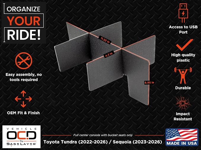 Vehicle OCD - Center Console Organizer for Toyota Tundra (2022-2026) / Toyota Sequoia (2023-2026) – Made in USA - NOT Compatible with Center Console Safe - SLX178