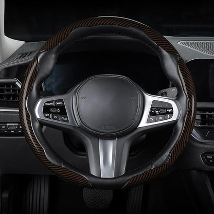 Carbon Fiber Steering Wheel Cover, Snap on Car Steering Wheel Cover Set Accessories 3pcs Wrap Grip Non Slip Protector Universal Glossy Brown