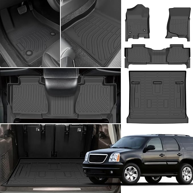 Floor Mats for Chevy Tahoe 2007 2008 2009 2010 2011 2012-2014 & GMC Yukon Bench (NOT fit XL or Hybrid), for Chevrolet Tahoe Floor Mats 1st & 2nd Row & Cargo Liner, 8 Seats, TPE Summer Winter