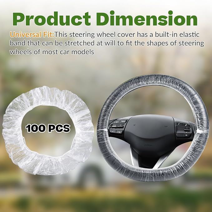 100Pcs Disposable Car Steering Wheel Covers, Universal Plastic Steering Wheel Protector with Elastic, Automotive Interior Protection Accessories for Most Vehicle Models
