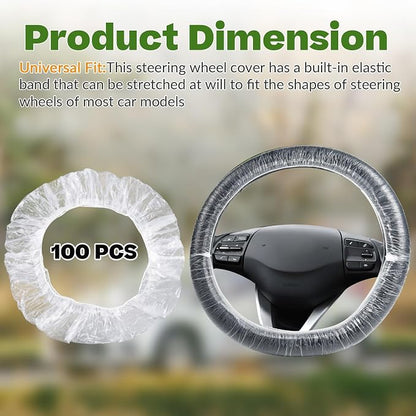 100Pcs Disposable Car Steering Wheel Covers, Universal Plastic Steering Wheel Protector with Elastic, Automotive Interior Protection Accessories for Most Vehicle Models
